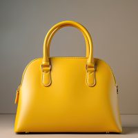 Women leather yellow handbag on gray background.