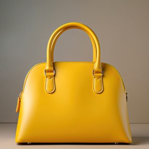 Women leather yellow handbag on gray background.